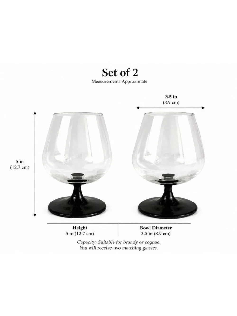 Vintage Luminarc Domino Cognac Glasses Set of 2 Black Stem French Brandy Snifter